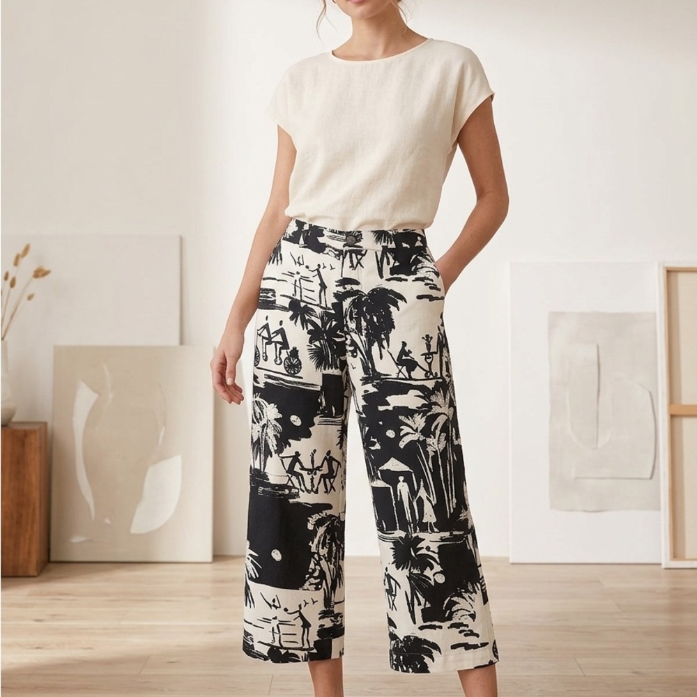 Chico's Size 0 Black White Abstract Palm Beach Scene Cropped Pants Trousers